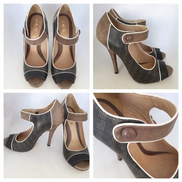 L.A.M.B. Brown Leather Peep Toe Pumps 8 - Picture 2 of 9